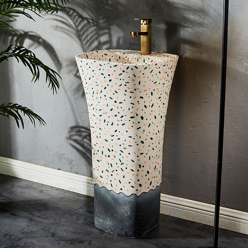 彩色手绘户外立柱盆庭院洗手盆阳台洗手池立柱式洗脸盆室外洗手台