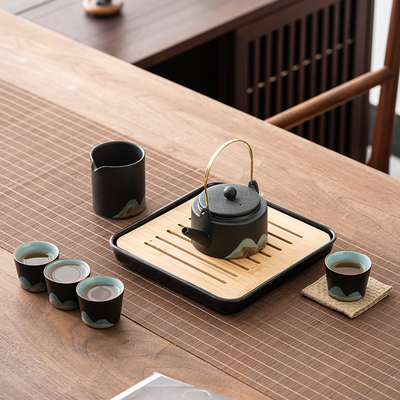远山功夫茶具小套装日式简约提梁茶壶干泡茶盘家用办公室泡茶陶瓷