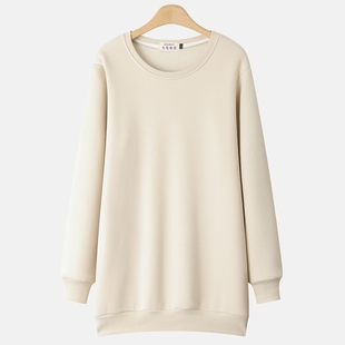 加绒加厚纯色圆领卫衣女秋冬季2025新款宽松中长款大码上衣女外套