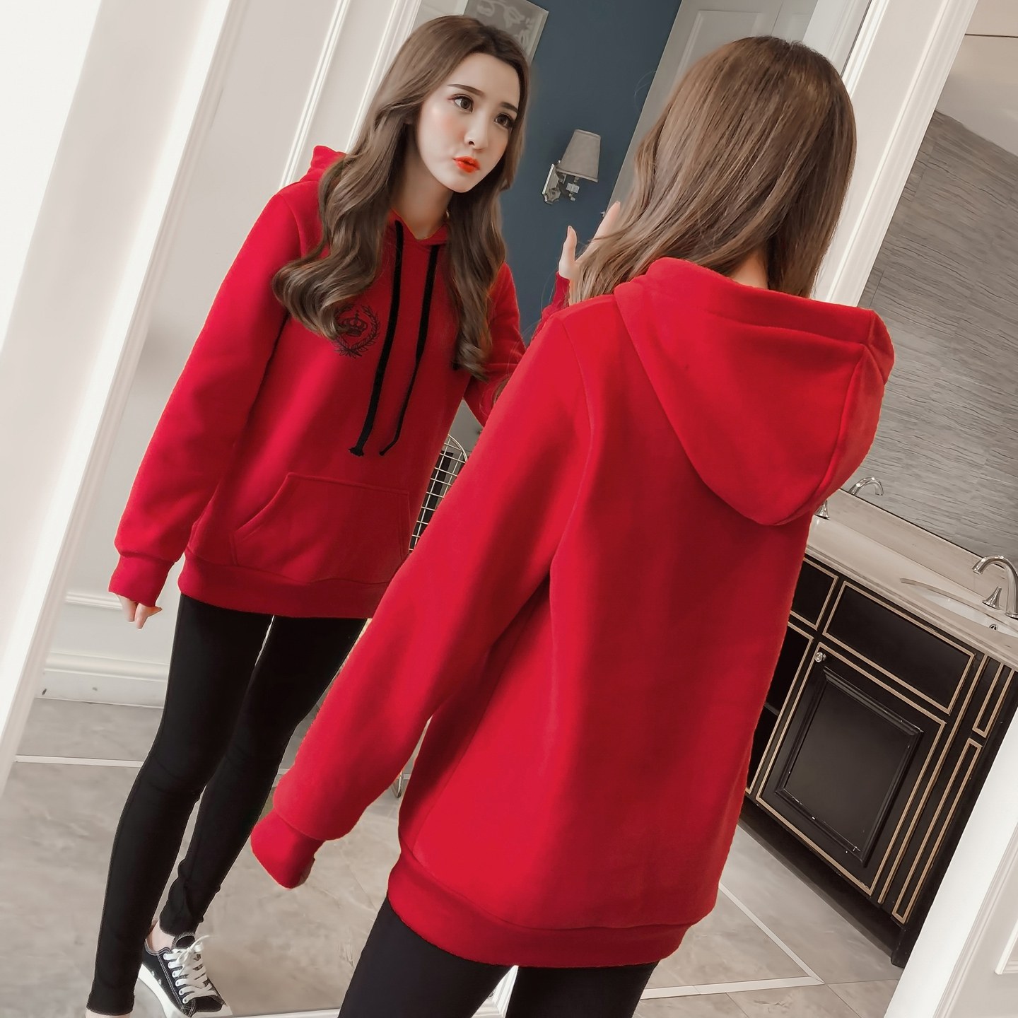 2026新款秋冬红色连帽卫衣女宽松套头加绒加厚显瘦上衣外套春秋潮