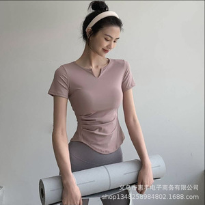 2022lulu新款裸感瑜伽服女紧身短袖修身v领跑步运动瑜伽上衣夏款