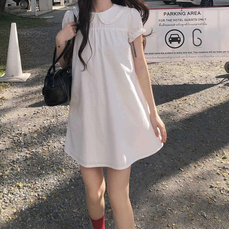 初恋小白裙春2026夏季甜美减龄娃娃领短袖连衣裙小个子宽松短裙