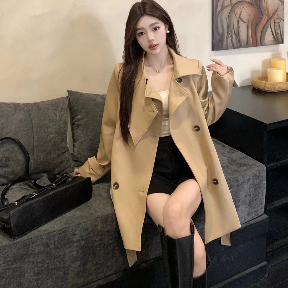 巨好看英伦风双排扣围脖领系带收腰中长款风衣外套女小个子早秋季