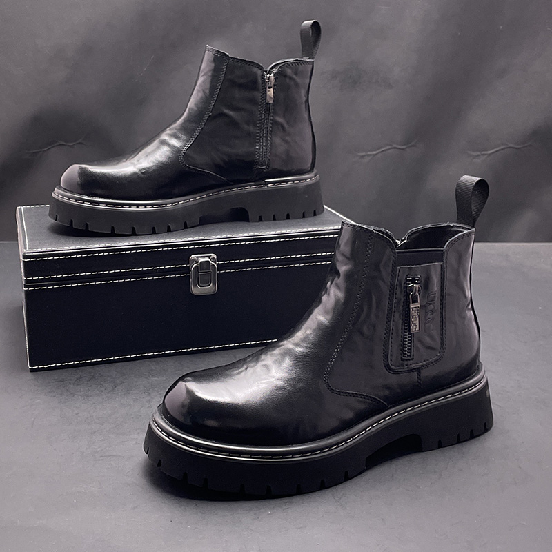 马丁靴男士厚底冬季加绒软皮短靴时尚百搭潮流机车内增高切尔西靴