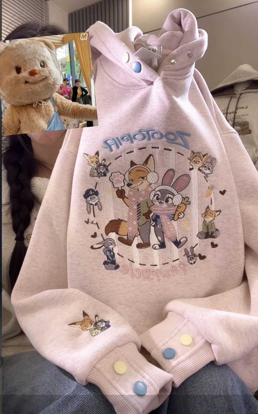 疯狂动物城尼克刺绣加绒加厚连帽卫衣女套头长袖宽松韩版卫衣女潮