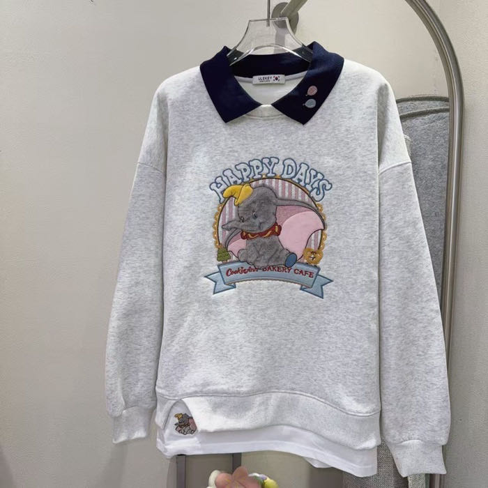 6565小飞象重工刺绣加绒加厚翻领假两件中长款宽松卫衣长袖女套头