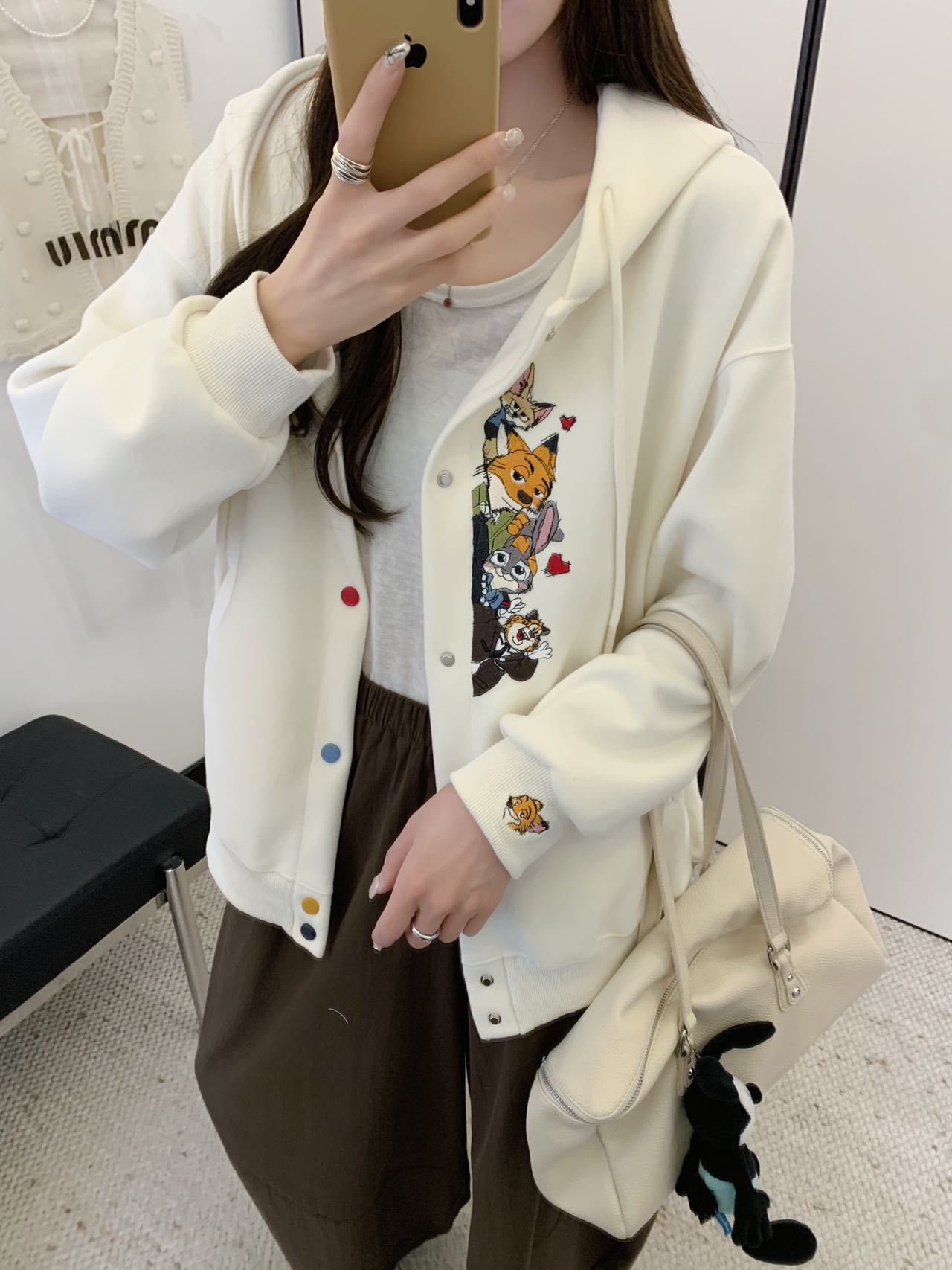 韩版宽松百搭疯狂动物城重工刺绣连帽排扣款外套女长袖显瘦外套女