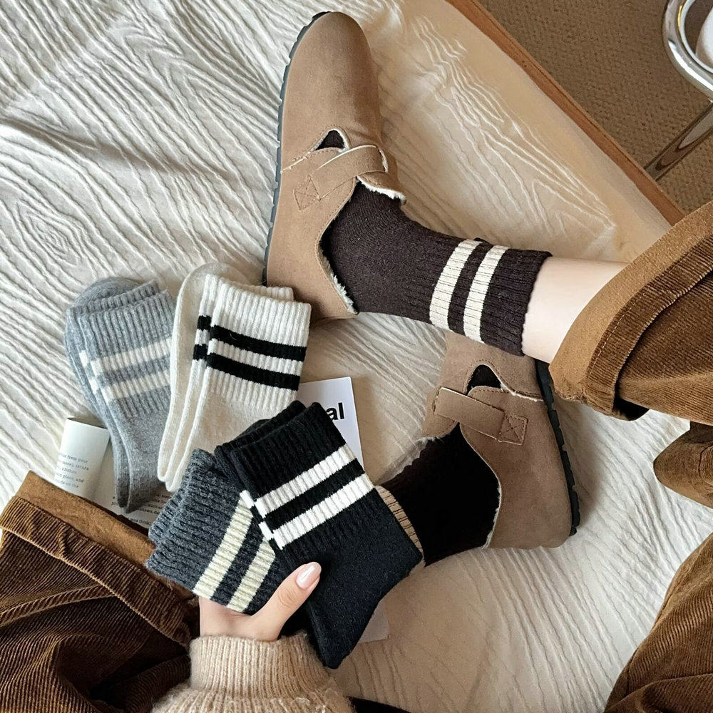 5双装！两条杠羊毛袜中筒袜子女！INS风休闲运动风百搭女袜堆堆袜