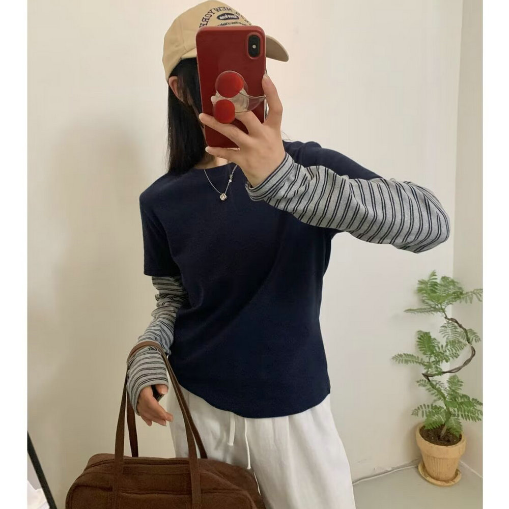 韩系假两件条纹长袖T恤女2025秋新款ins风减龄时尚打底衫百搭上衣