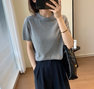 高级感 纯色简约时尚 极简风 2025春夏新款 女 百搭显瘦短袖 针织衫