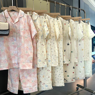 出口单 2025春夏全棉双层纱布家居服套装 女睡衣纯棉亲肤短袖 长裤
