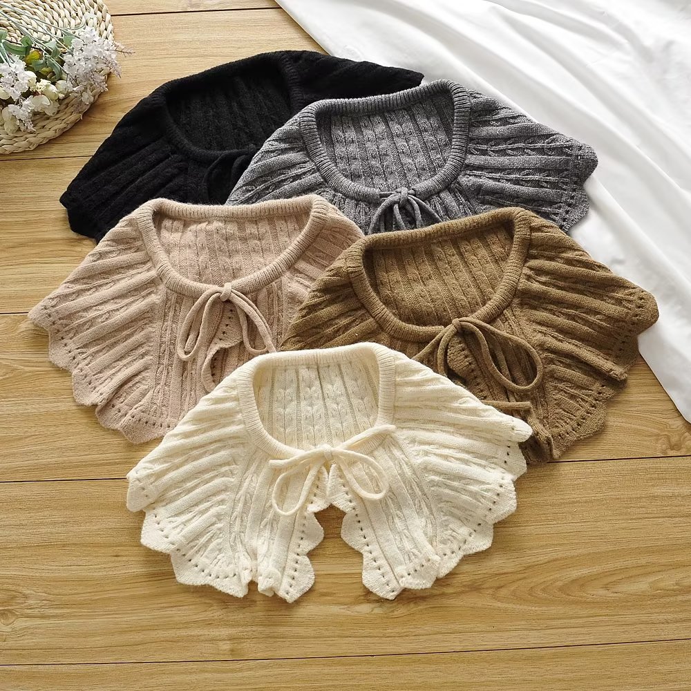 东大门韩版日系学院风复古可爱荷叶边素色针织披肩娃娃领假领子女