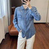 外贸单 牛仔衬衫 2025春新款 休闲复古百搭翻领长袖 女 时尚 高品质