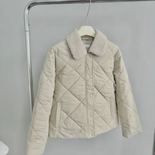 560+！外贸女装！2025秋冬季仿羊羔毛翻领菱格绗缝棉衣女棉服外套