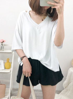 欧货大版t恤女2019白色黑色灰色大码纯色宽松V领短袖莫代尔大王T