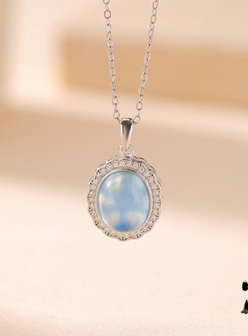 天然海蓝宝蛋面纯银项链