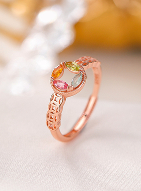 碧玺戒指纯银彩宝铜钱戒指