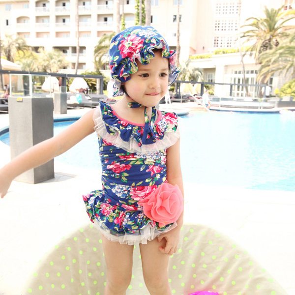 女童泳装韩版大婴儿可爱公主泳帽连体裙小孩宝宝幼儿童温泉游泳衣