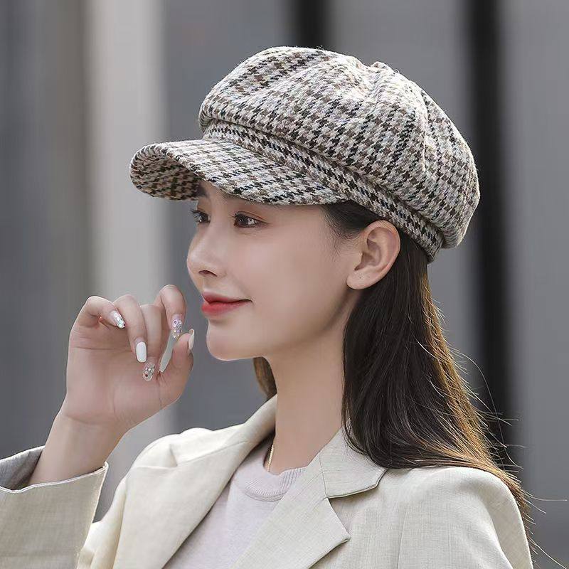秋冬女式帽子时尚八角帽女英伦韩版日系贝雷帽时尚简约鸭舌帽格子