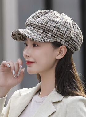 秋冬女式帽子时尚八角帽女英伦韩版日系贝雷帽时尚简约鸭舌帽格子