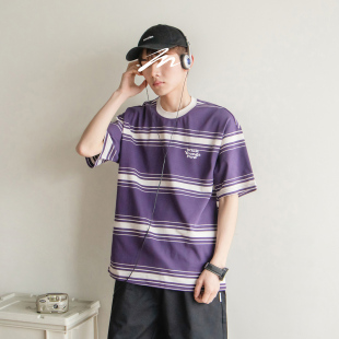 苏打汽水工作室夏季新款印花条纹短袖男女款宽松休闲百搭半袖T恤