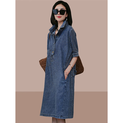 2025夏季牛仔气质连衣裙百搭新款韩版牛仔显瘦五分袖连衣裙女