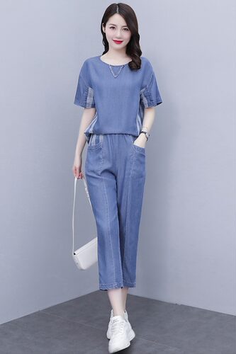 休闲牛仔套装裤女夏妈妈大码减龄显瘦遮肚拼接格子时髦宽松两件套