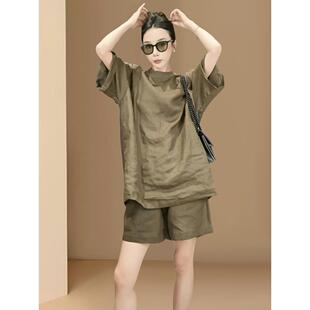 慵懒风纯色亚麻休闲套装宽松显瘦上衣高腰阔腿短裤气质减龄两件套