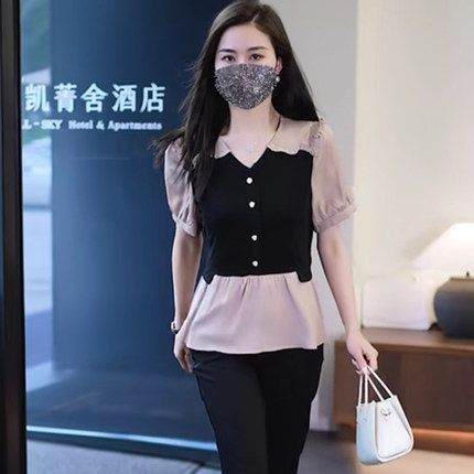 时尚套装女士假两件上衣2025夏装新款短袖衬衣洋气甜美小衫一整套