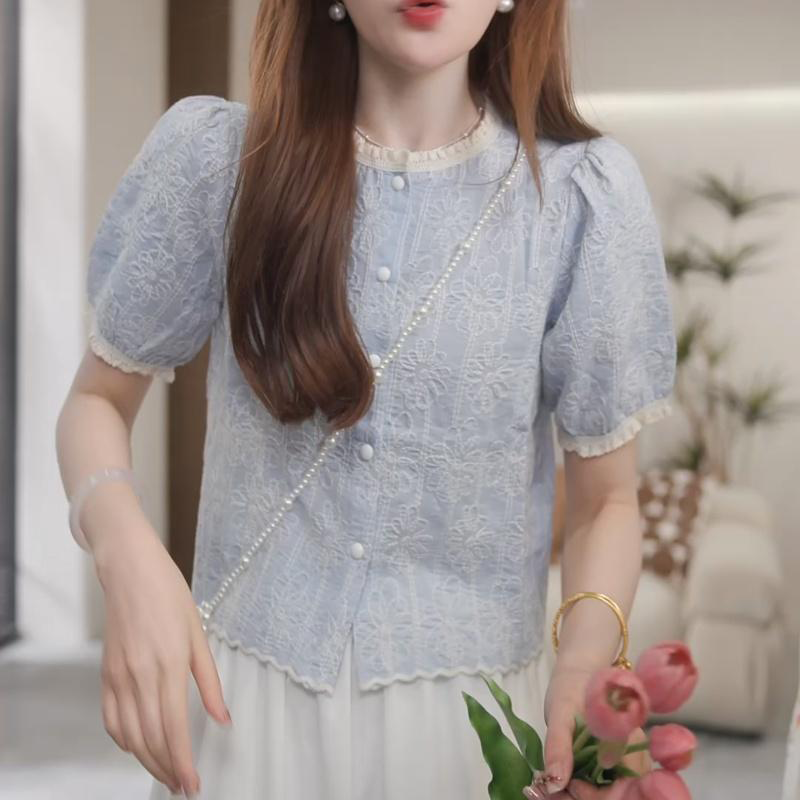 高级感镂空蕾丝花边蓝色衬衫女2025夏新款设计感小众气质法式上衣