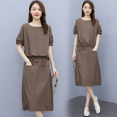 夏季 大码 女装 棉麻连衣裙女2025年新款 两件套宽松显瘦亚麻套装 裙潮