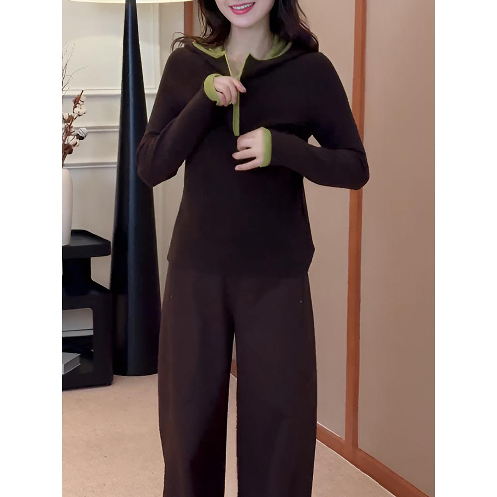 2025春秋季新款松弛感撞色拼接连帽长袖卫衣女洋气半开领拉链上衣