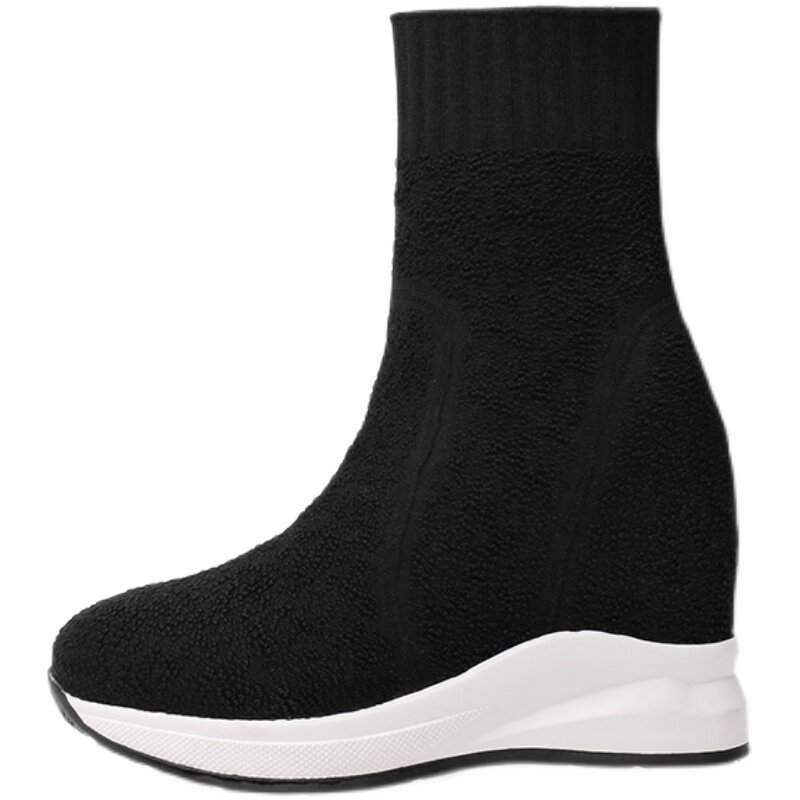 AUTUMN AND WINTER FLYING WEAVING INNER HEIGHT INCREASE 10CM ELASTIC BOOTS WOMENS SOCKS BOOTS THICK BOTTOM SLIM SHORT BOOTS HIGH HEEL WOMENS BOOTS KOREAN STYLE TRENDY