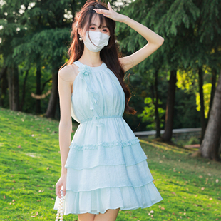 挂脖小个子 花崎鹿原创青栀幽梦连衣裙气质甜美公主短裙设计感夏季