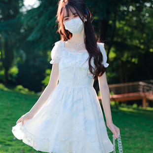 泡泡袖 花崎鹿原计蓝色系短裙甜梦物语少女初恋法式 小清新小个子