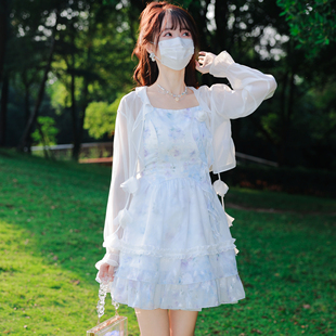 法式 花崎鹿原創(chuàng)溫柔吊帶裙碎花裙夏時花楹短款 少女感度假小個子