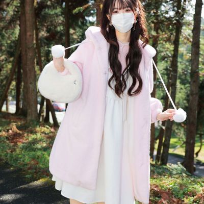 少女减龄粉色毛大衣长款连帽保暖