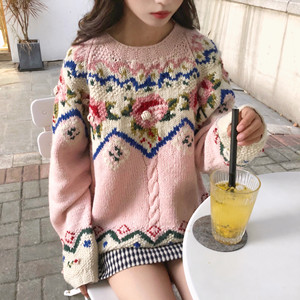 粉色蔷薇慵懒法式刺绣羊毛套头毛衣古着感少女纯手工编织