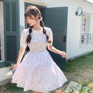 花崎鹿原创紫色印花娃娃领罗纹香颂宽松短裙甜美少女通勤连衣裙