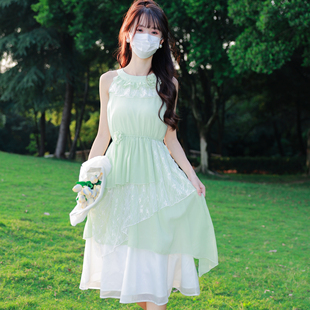 花崎鹿原创清新感连衣裙自由诗旅挂脖温柔甜美长裙气质小众绿色