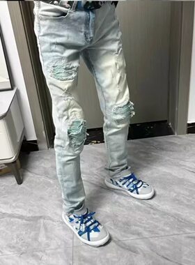 网红破洞补丁蓝色贴布牛仔裤男女国潮直筒显瘦百搭学生修身小脚裤