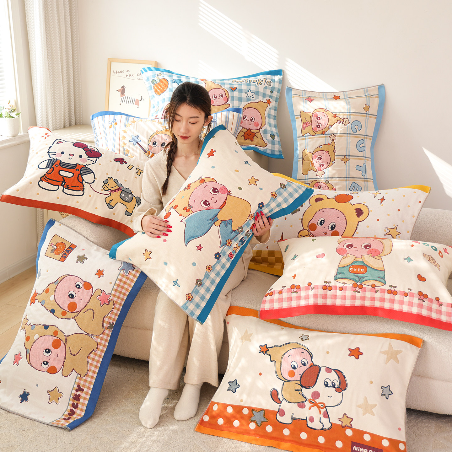 八层纯棉纱布枕巾一对装卡通可爱加大加厚柔软全棉防头油枕头盖巾