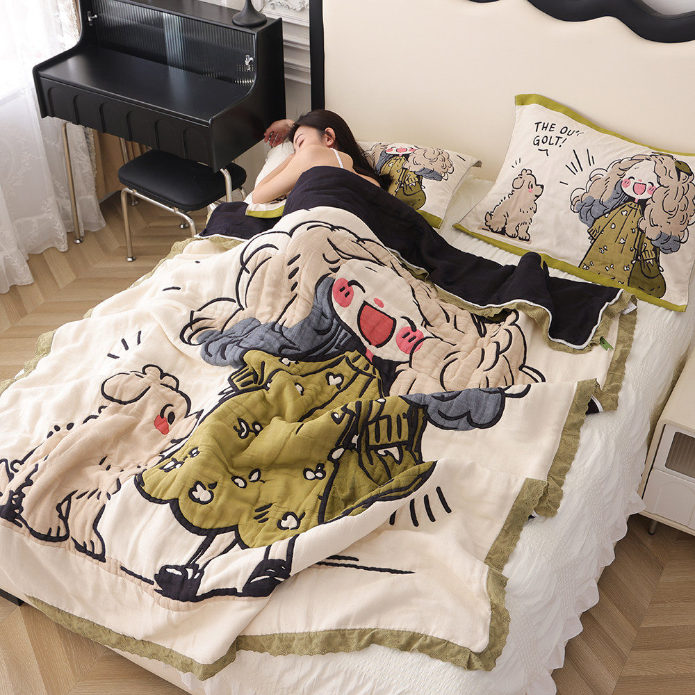 A类十层精梳棉泡芙被三件套纯棉四季通用卡通盖毯家用全棉毛巾被