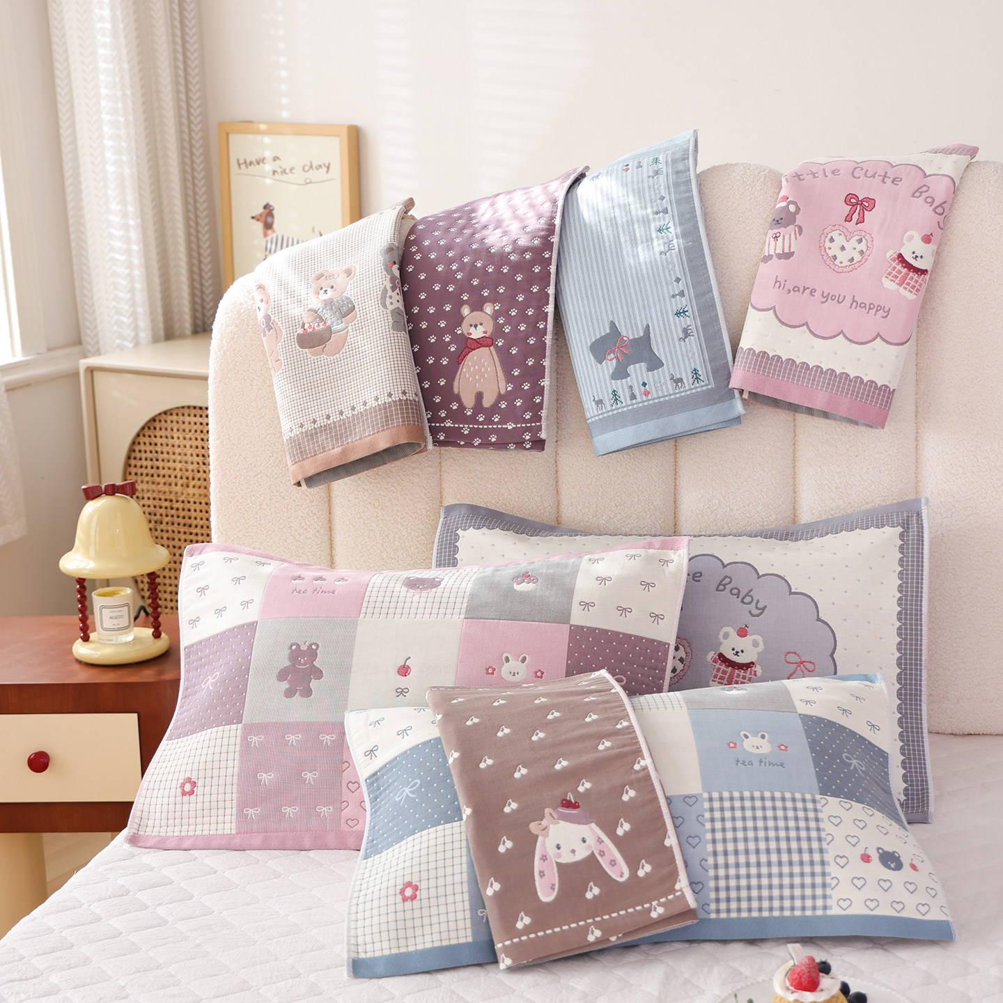 高密细纱纯棉纱布卡通儿童枕巾一对装全棉宝宝枕头盖巾柔软枕头巾