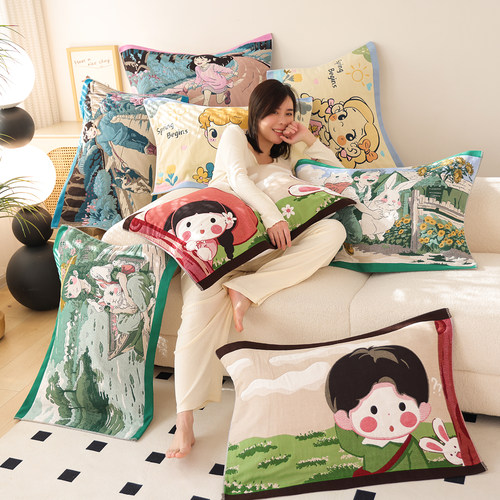 纯棉纱布枕巾一对加厚柔软枕头巾