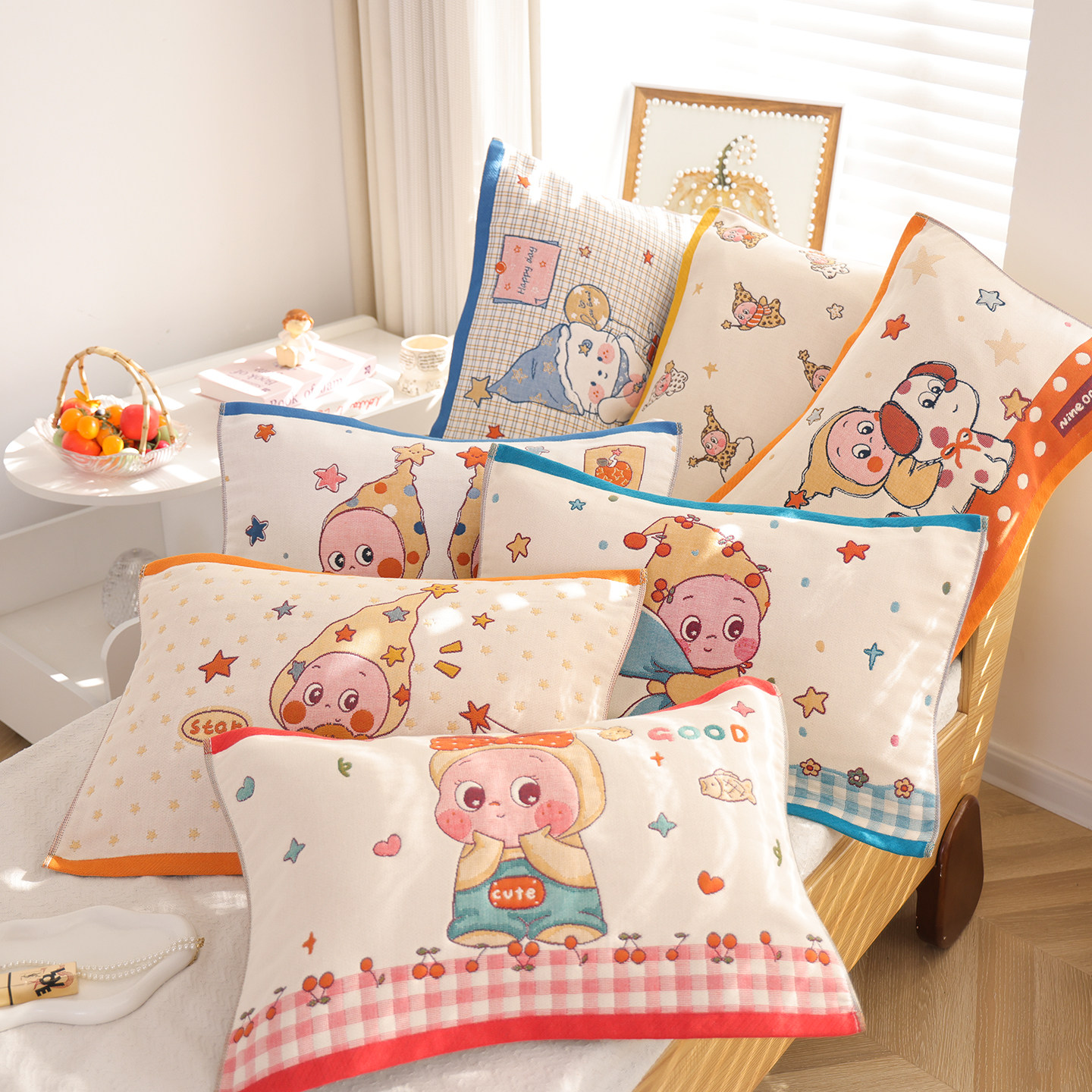 卡通全棉纱布儿童枕巾纯棉可爱宝宝家用枕头盖巾柔软四季款枕头巾