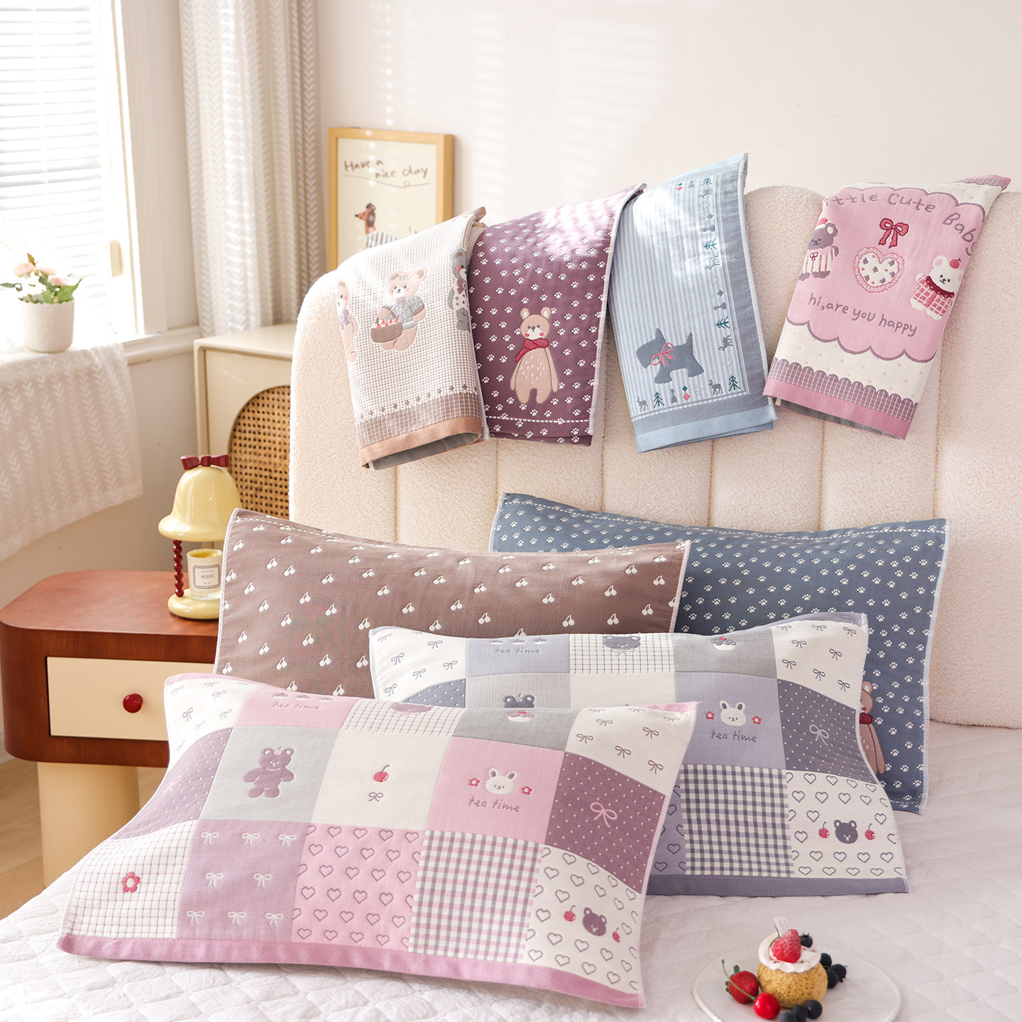 A类高密款细纱卡通纯棉纱布儿童枕巾宝宝全棉枕头盖巾柔软枕头巾