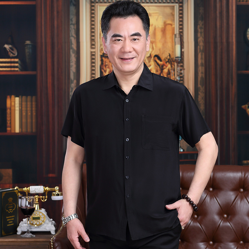 中老年薄款纯色半袖夏季丝绸衬衫