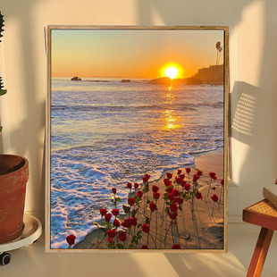 厚框diy数字油画玫瑰花卉手工填色油彩画海上生花装饰画