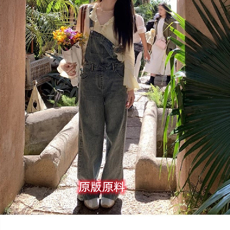 诗文  重工水洗高腰休闲牛仔背带裤春夏女复古直筒裤